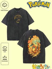 pokemon Oversize-T-Shirt mit Charizard-Motiv, Pokémon-Anime, Herrenmode, Kurzarm, gewaschene Baumwolle | Pokémon Charizard-Print | Sommer-Must-have für vielseitige Anwendung | Top-Wahl für Pokémon-Fans | Ideal für Reisen, Zuhause und Sport | Super beliebter Charakter - Schwarz - Übersicht 3