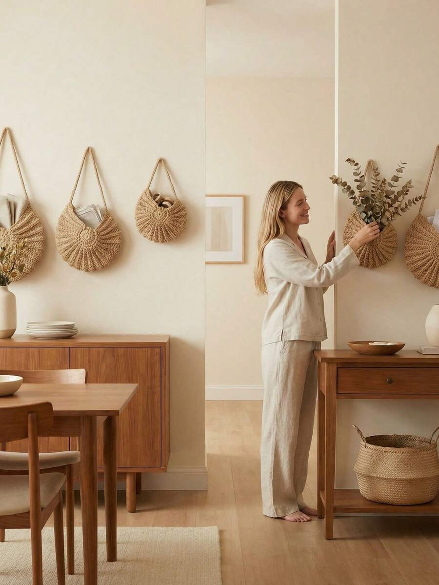 1pc Kitchen Hanging Storage Basket, Nautilus Shape Hand-Woven Storage Net Bag, Multi-Functional Organizer Basket - Brown - View 1