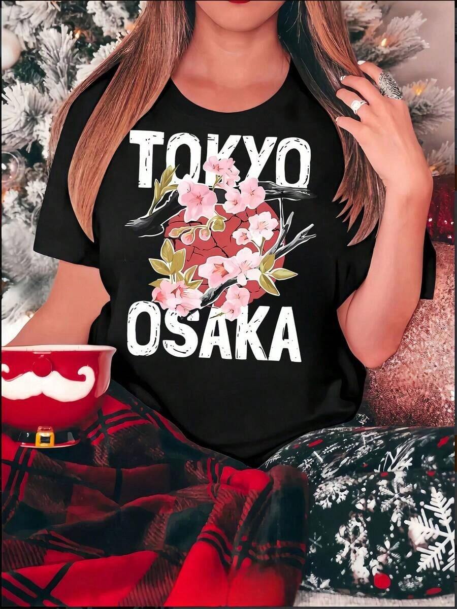 1 Piece Women's Casual Round Neck T-Shirt With Tokyo And Osaka Floral Print, Polyester Knit Fabric, Medium Elasticity, All Season Comfort - Fashionable Short Sleeve T-Shirt For Leisure And Sport {S-4}Plus Size Relaxed T-Shirt. - 黑色 - 查看 1