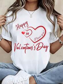 Valentine's Day T-Shirt With White Heart And The Phrase 'I Love You 14', Valentine's Day Print, Casual T-Shirt For Women For Valentine's Day Celebration > Beautiful. - 白色 - 查看 8