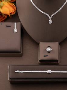 1 Set Luxury Elegant Cubic Zirconia Inlaid Rectangular Jewelry Set, Suitable For Women's Wedding Party Wear, Includes 1 Pair Earrings, 1 Necklace, 1 Bracelet, 1 Ring (Excluding Gift Box) - Silver - View 3