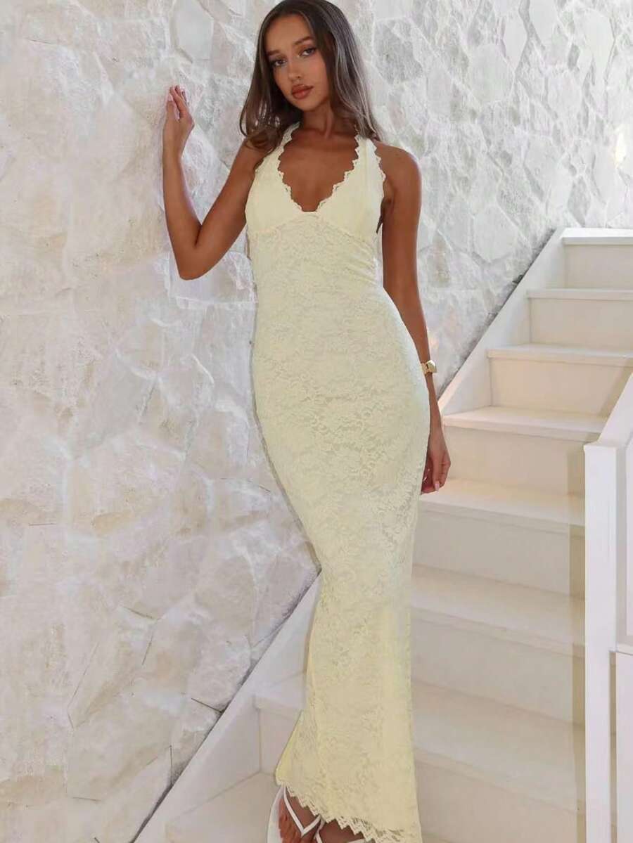 Elegant European-Style Maxi Dress For Women With A Halter Neck, Lace Trim, And A Slit; Fitted And Flattering. - Yellow - View 1