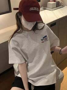Camiseta de manga corta personalizada, holgada y relajada, con estampado de letras japonesas, versátil y casual para mujer, estilo vintage de primavera/verano, de algodón, cuello redondo y manga corta. - Negro 2 - Ver 10