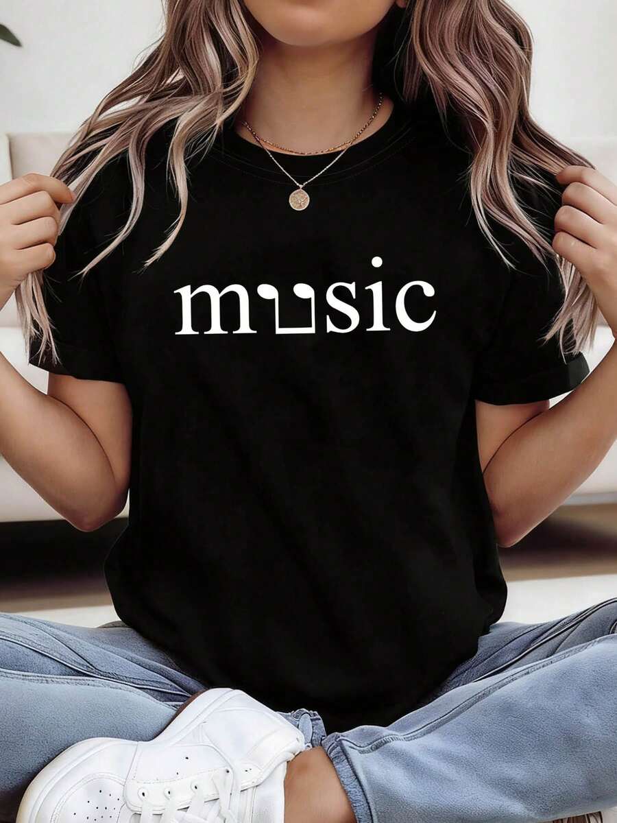 [Special Offer For Festivals] Women's Music Festival Print Short-Sleeve T-Shirt With Round Neck, Ideal For Casual Shopping, Festival Gifts, Meeting With Friends, Music Parties And Holiday Wear. - 黑色 - 查看 1