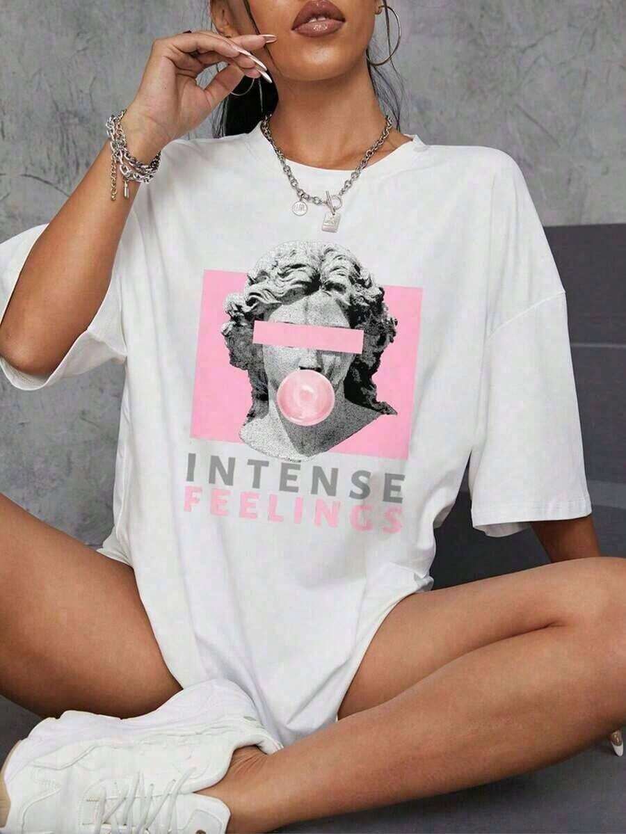Camiseta Gráfica Vintage para Mujer con Estampado de Escultura, Estilo Estético, Camiseta Oversize de Manga Corta con Cuello Redondo para Amantes del Arte Blusas Bonito 100% Cotton - Blanco - Ver 1