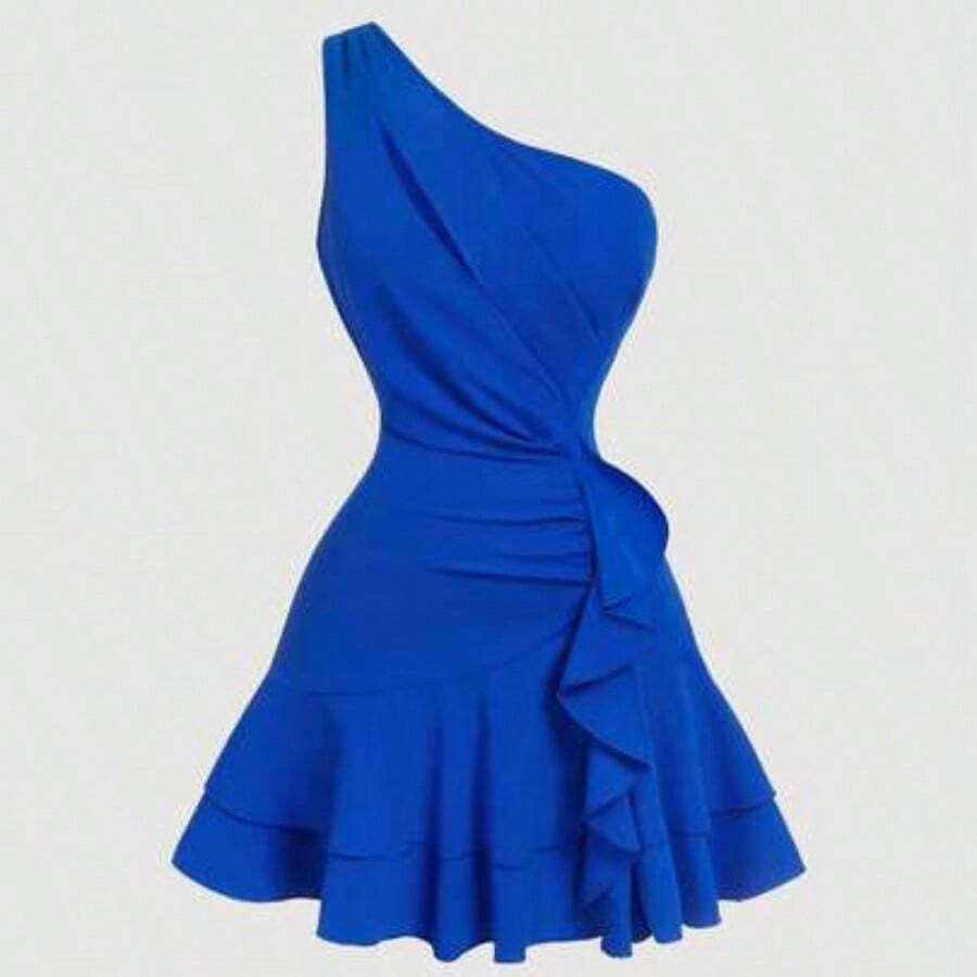 MOD Plus Size Women's White Asymmetric Ruffle Hem Mini Dress,Wedding Guest Dress Women White One Shoulder Dress White Ruffle Dress White Cocktail Dress White Party Dress White Mini Dress,Christmas, Valentine's Day - Azul - Ver 1