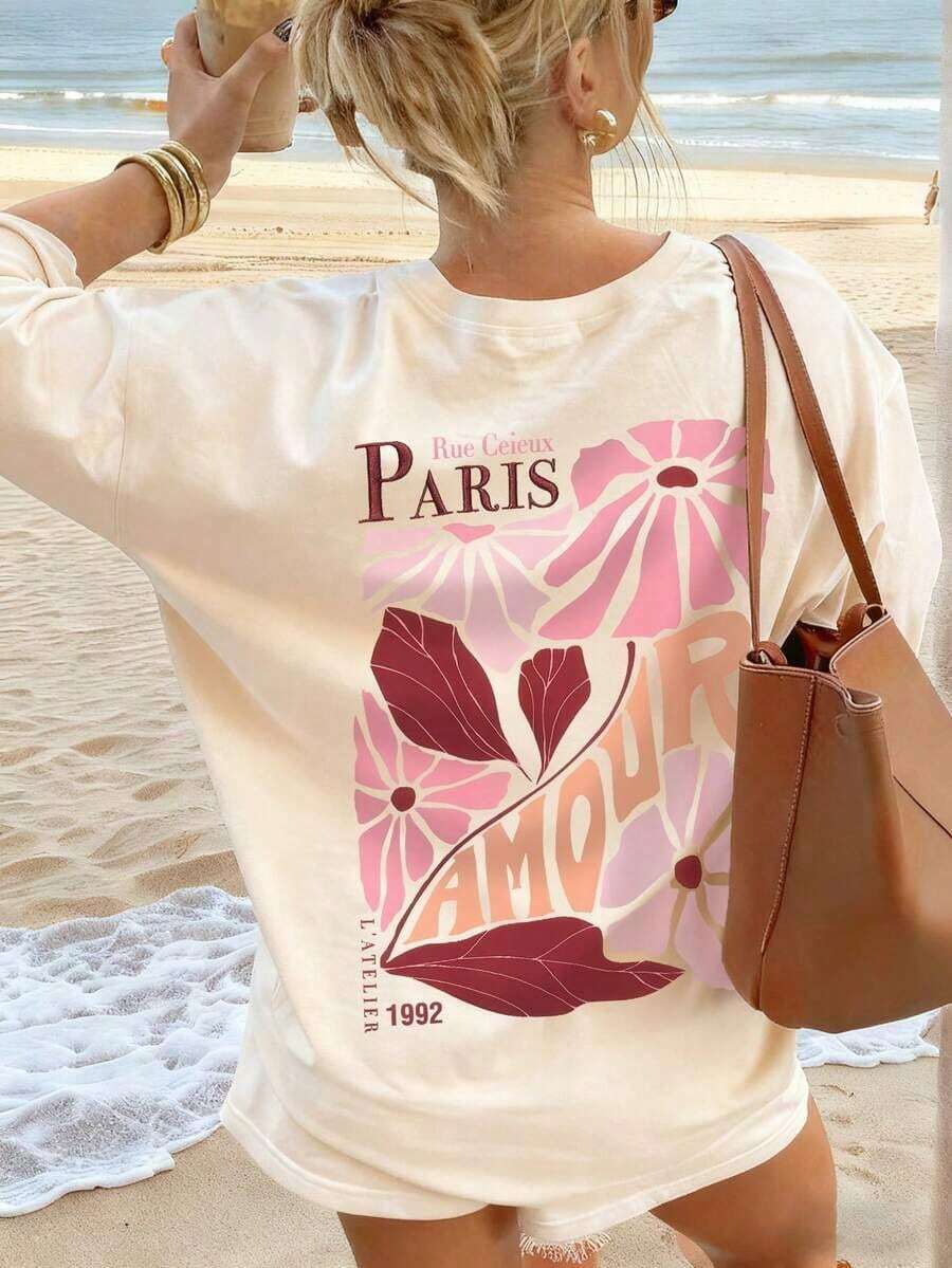 Summer T-Shirt 2026, New Model, 1 Piece Short Sleeve Round Neck With Floral Print Paris Lover Women, Loose Fit, With A Parisian Touch Romantic Style, For Walking Around The City, Dates, Cherry Blossom Season, Brunch Spring/Summer 100% Cotton, Plus Size, Suitable For Daily Street Wear And Outings. - 杏色 - 查看 1