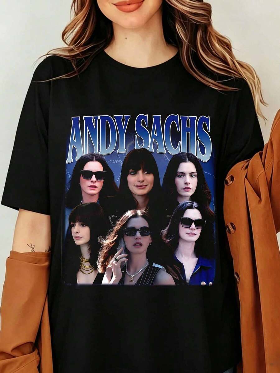 ANDY SACHS THE DEVIL WEARS PRADAS T-Shirt, Annes Hathaways Vintage Portrait Tee, Fashion Movie Merch, Aesthetic Streetwear Unisex, Annes Hathaways As Andy Sachs In Retro 90s Style Vintage Rap T-Shirt - Black - View 1