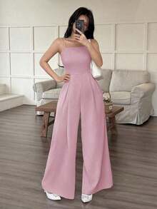Mono holgado de pierna ancha y plisado de unicolor para mujer - Rosa - Ver 4