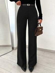SMILE CHI Women's Casual Stretch Straight Leg Dress Pants For Commute, Daily Wear And Office (Belt Not Included) Black - Black - View 3