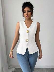 Blusa exterior con cuello en V ajustada con decoración de botones dorados con rosas - Blanco - Ver 5