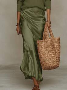 Slip Maxi Dress & V-Neck Knit Sweater Two-Piece Outfit, Elegant Casual Matching Set - Hijau - View 3