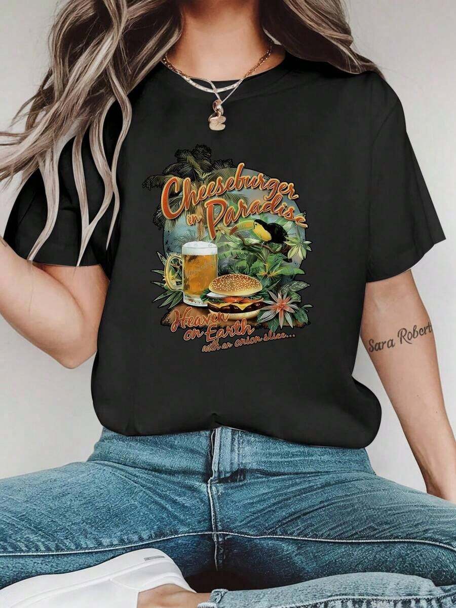 Camiseta Gráfica Tropical de Hamburguesa y Cerveza para Mujer - Camiseta Casual de Manga Corta para Verano con Diseño de Hamburguesa Paradisíaca para Atuendos de Playa, Fiestas de Barbacoa - Camiseta Lavable a Máquina para Uso Diario, Ropa para Barbacoa, Camiseta con Estampado Divertido, Camiseta de Ajuste Cómodo - Negro - Ver 1