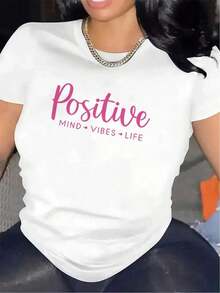 Camiseta de Mujer "Positive Mind Vibes Life" - Blanca con Letras Rosadas - Camiseta de Poliéster Suave para Uso Diario en Casa, Oficina, Regalos - Ropa Motivacional para Mujeres - Negro - Ver 11