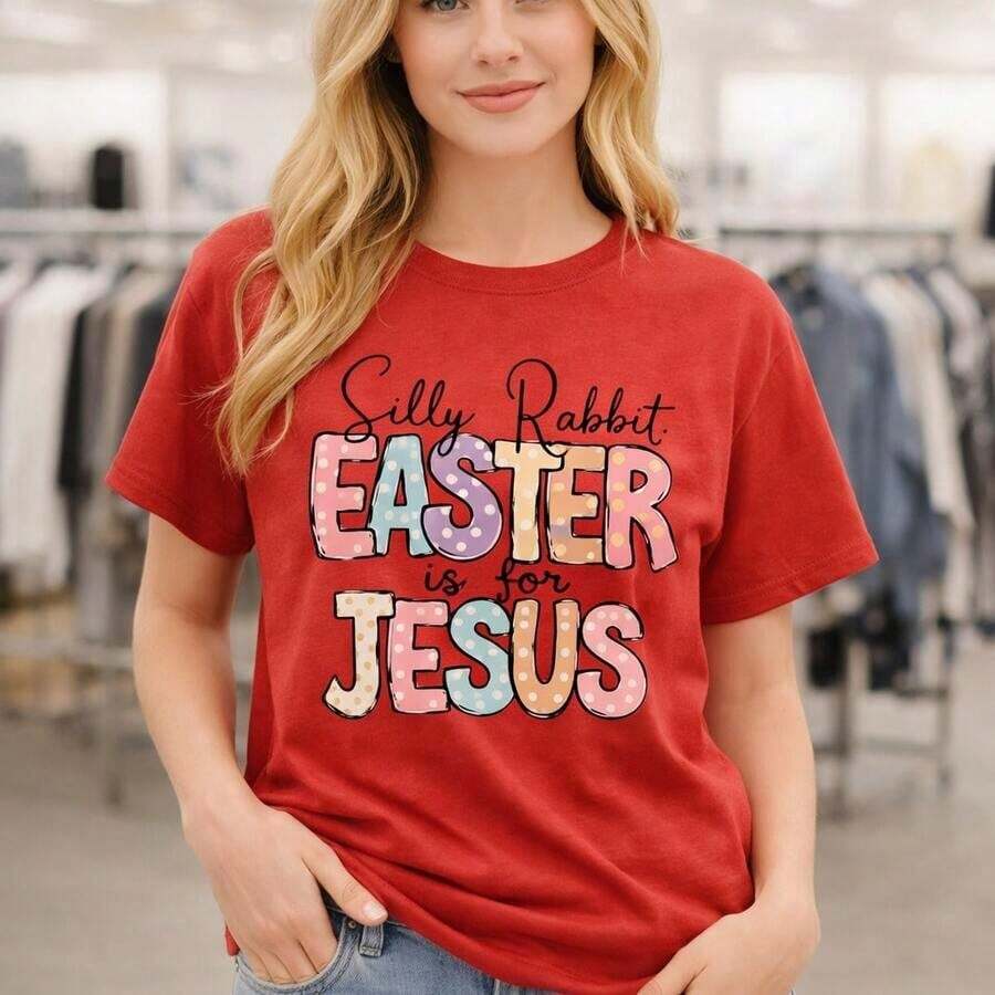 Women's Plus Size Easter Graphic Print Cotton T-Shirt With "Silly Rabbit Easter Is For Jesus" Print, Loose Fit, Short Sleeve, Sizes M-5XL, Casual T-Shirt For Holidays And Christian Occasions, Soft And Comfortable Cotton Fabric, Outfit For Easter Sunday At Church. - 紅色 - 查看 1