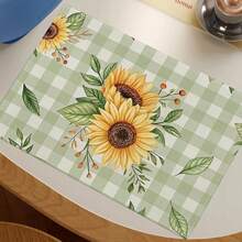 A Complete Set Of Daily Sunflower, Green Leaf, Green Checkered, And Striped Patterned Placemats, Suitable For Spring, Summer, Autumn, And Winter. It Adopts A Multi-Color Pattern Design And Is Woven From 100% Polyester Fiber. The Size Is 12 * 18 Inches And Can Be Machine Washed With Polyester Placemats. Heat Resistant, Stain Resistant, Waterproof, Easy To Clean, Suitable For Dining Tables, Holiday Party Decorations, Desktop Protection, Kitchen And Living Room Decorations, And Daily Use. - Multicolor - View 11
