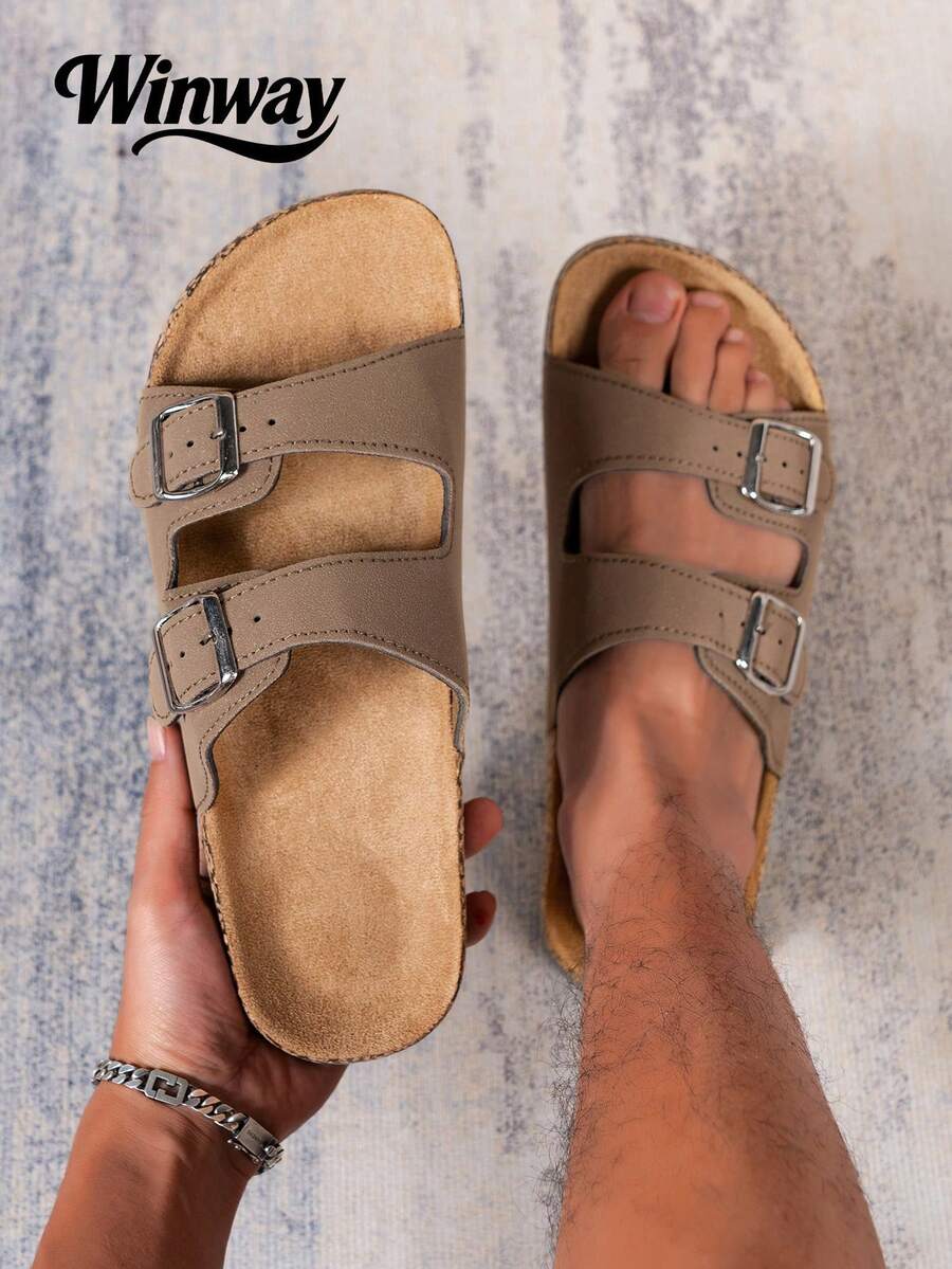 Men's Fashion Double-Buckle Casual Non-Slip Slide Sandals, Suitable For Indoor And Outdoor Walking