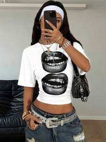 Camiseta corta de mujer con hombros caídos y rayas - Blanco - Ver 2