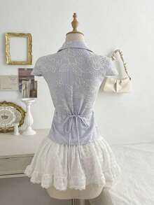 Camisa casual de manga corta con capucha, cintura ajustada con lazo delantero - Azul - Ver 2