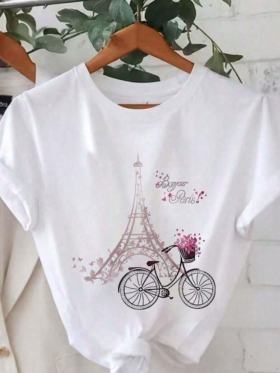 Casual Short Sleeve T-Shirt With Eiffel Tower And Bicycle Print, Plus Size, Romantic, By Bonjour Paris Women's Graphic T-Shirts, For Summer - 白色 - 查看 1