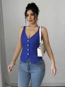 Camiseta sin mangas de un solo pecho de unicolor casual para mujer - azul real - Ver 6