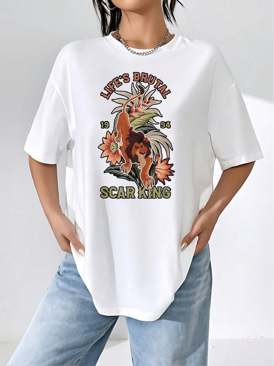 Majestic Lion Among Tropical Flowers Showing Strength And Character With An Inspirational Phrase About Overcoming Challenges. Comfortable And Modern Women's T-Shirt Ideal For Everyday Wear - 白色 - 查看 1
