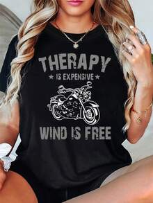 100% Cotton. The Print Reads: "Relaxing Is Expensive, The Wind Is Free." This Women's Short-Sleeve Crew Neck T-Shirt Is Perfect For Casual Wear, Shopping, And As A Holiday Gift. It Features A Motorcycle Illustration, Conveying A Love Of Freedom And The Outdoors, With A Bold And Attitude-Filled Style. Simple Solid-Color Women's T-Shirt, Loose-Fitting And Slim-Fit, Casual Short-Sleeve. - 黑色 - 查看 8