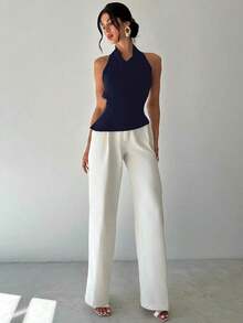Camisa elegante de oficina para mujer, blusa negra ajustada con cuello asimétrico, sin mangas, halter, espalda descubierta, decoración de botones ajustables, ropa de primavera/verano, elegante, sexy - Azul marino - Ver 8