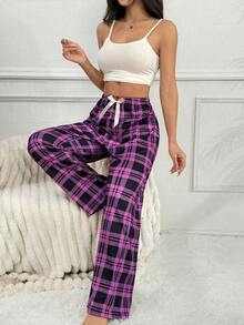 Pantalones de pijama holgados con lazo y estampado de cuadros para mujer, otoño e invierno - Morado - Ver 6