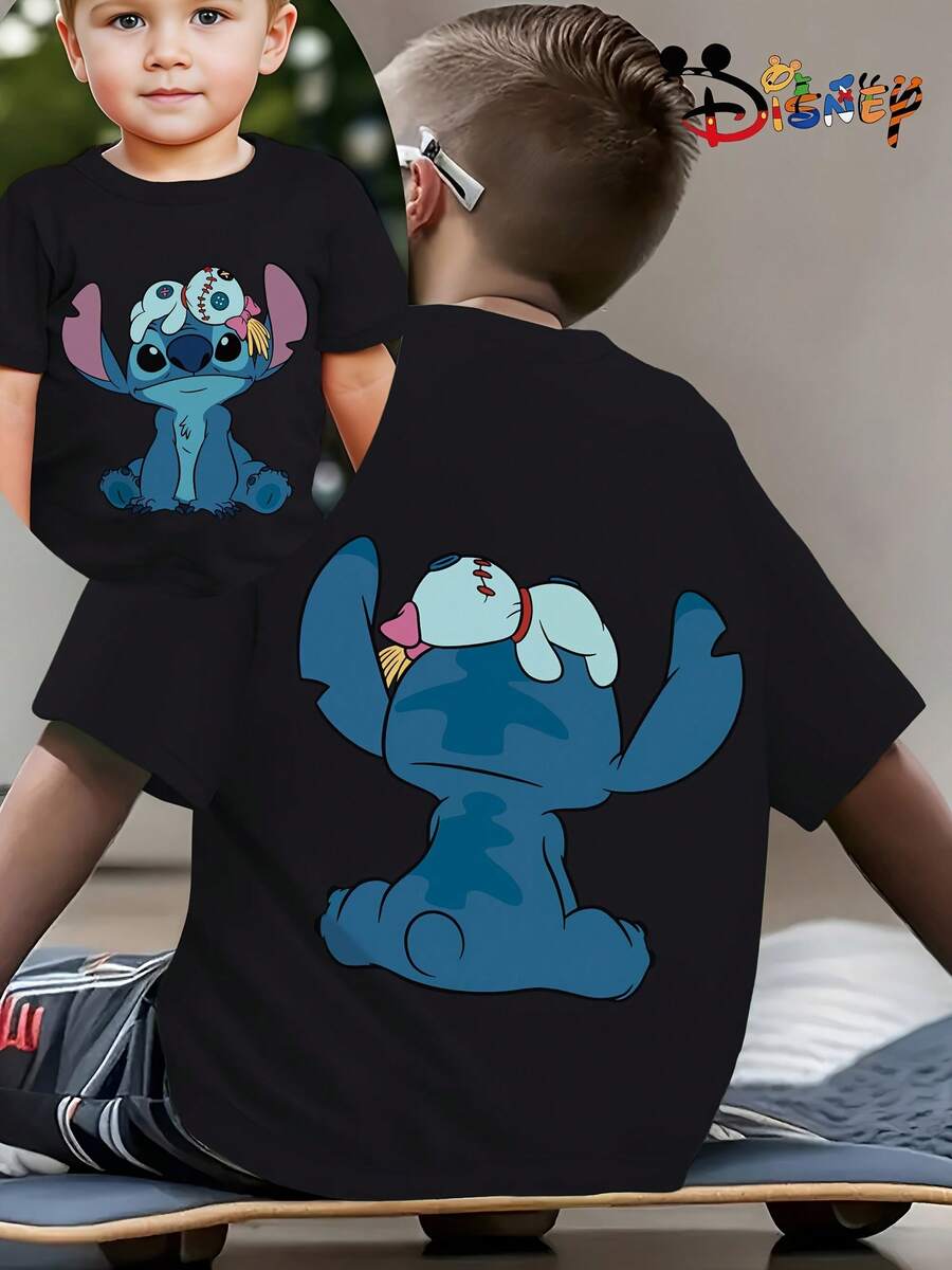 1pc Disney Boys & Girls Kids Lilo & Stitch Stitch T-Shirt - Cute Stitch & Scrump Back Print, Breathable Summer Short Sleeve Tee Suitable For 8-14 Years Boys & Girls, Birthday Outfit, School Uniform, Outdoor Play - Official Kids Apparel - Black - View 1