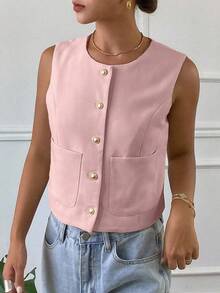 Chaqueta ajustada sin mangas de cuello redondo de unicolor para mujer, primavera y verano - Rosa 2 - Ver 4
