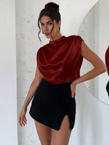 Blusa de mujer con cuello mao de unicolor y pliegues, informal y elegante, manga de murciélago fruncida, ajuste regular, top casual de uso diario para primavera/verano - Burdeos 3 - Ver 3