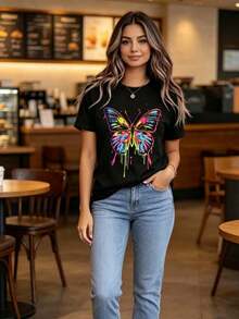 Camiseta de Cuello Redondo para Mujer con Estampado de Mariposas Coloridas, Manga Corta, Estilo Casual de Verano - Negro - Ver 2