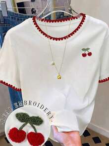 Camiseta de mujer de moda casual con cuello redondo y hombros caídos, camiseta con bordado de cereza, camiseta con bordado de toalla de cereza, camiseta casual y cómoda para exteriores, camiseta para todas las estaciones, camiseta con estampado de frutas - Blanco 4 - Ver 4
