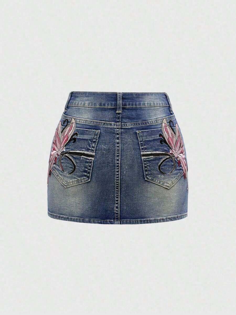 Minifalda ajustada de cintura baja con bordado de mariposa, estilo Y2K - Azul - Ver 1