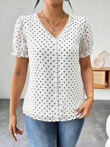 Blusa de gasa con estampado de lunares francés de moda para mujer, diseño elegante y elegante de manga corta con volantes para el verano - Blanco 3 - Ver 7