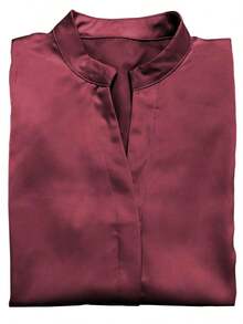 Camiseta de mujer de manga corta de satén sólido elegante - Cuello clásico, tela transpirable, ajuste ceñido, lavable a máquina, top versátil para todas las estaciones, diseño de cuello alto, ropa casual de calidad, textura suave negro verano - Burdeos - Ver 4