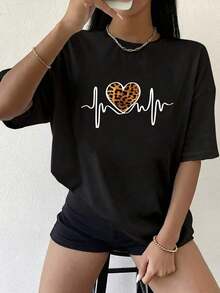 100% cotton Camiseta Casual Negra para Mujer con Estampado de Corazón de Leopardo, Manga Corta, Cuello Redondo,  para Uso Diario, Linda y Elegante - Negro - Ver 10