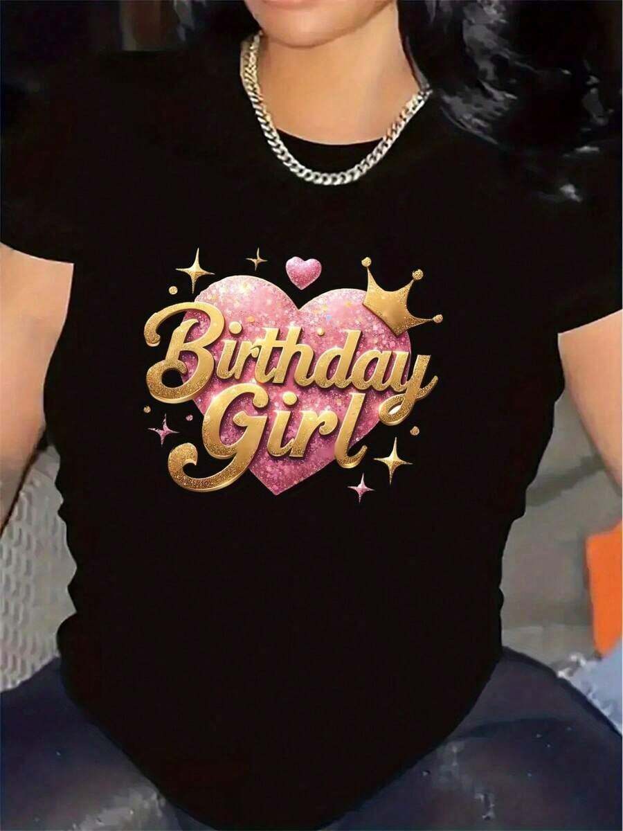 Women's Black T-Shirt With Glitter Heart Design "Birthday" - Short Sleeve, Round Neck, Lightweight Polyester, Perfect For Parties, Restaurants Or Living Room Decoration, Birthday Party T-Shirts. - 黑色 - 查看 1