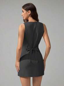 Tall Vestido mini elegante de unicolor con cuello redondo y sin mangas para mujer - Gris Oscuro - Ver 2