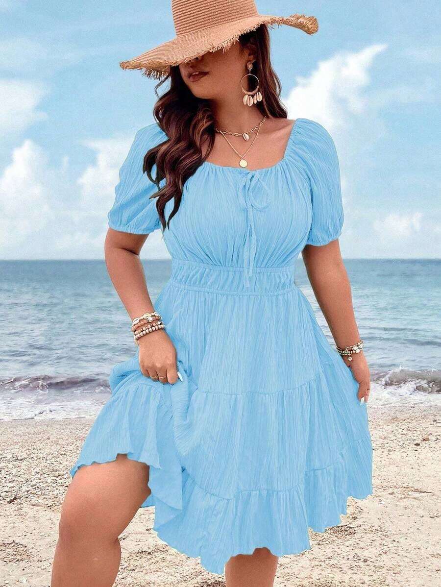 Clasi Vestido corto de manga corta en color burdeos de uso diario, sencillo y liso para mujeres de talla grande - Celeste - Ver 1