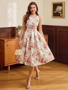 DECDS Vestido de mujer elegante y vintage con estampado floral de jacquard para fiestas, festivales y eventos elegantes.Vestidos largos elegantes para fiestas para mujeres en otoño, invierno, Navidad, Halloween y Año Nuevo. - Albaricoque - Ver 8