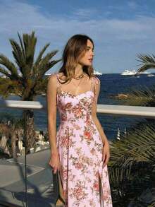 Vestido con abertura y lazo floral - Rosa - Ver 6