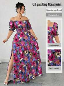 Vestido casual elegante de talla grande para mujer de primavera/verano, en azul sólido de aspecto de mezclilla con cintura fruncida y con abertura lateral - Rosa Fucsia - Ver 8