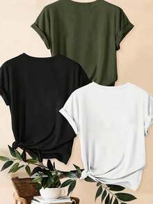 LUNE Set de 3 camisetas de tallas grandes con estampado de leopardo, corazón y lema gráfico, para verano - Multicolor 5 - Ver 2