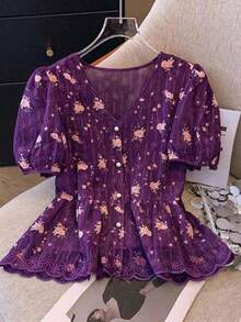 Blusa de mujer con cuello en V bordada de estilo romántico francés de manga corta - Morado - Ver 1