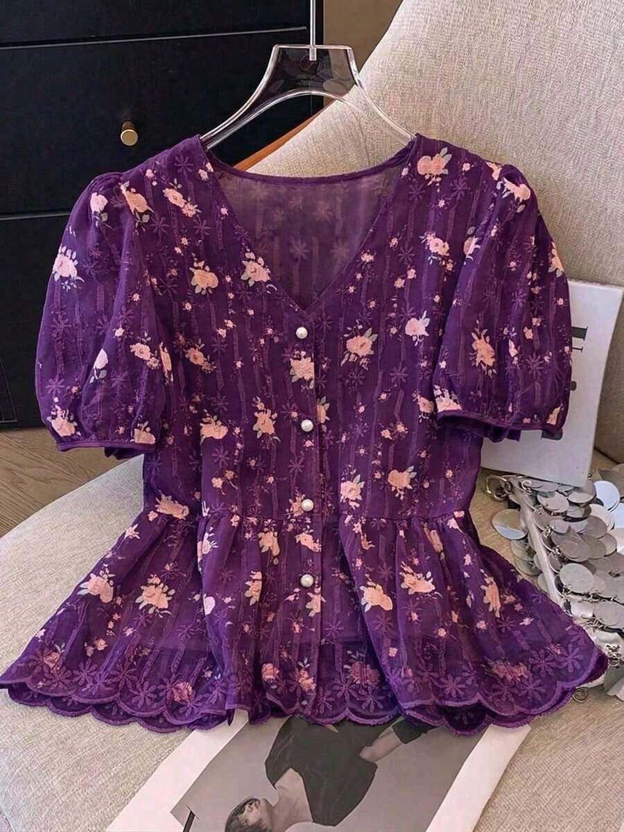 Blusa de mujer con cuello en V bordada de estilo romántico francés de manga corta - Morado - Ver 1