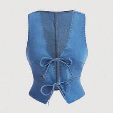 MOD Women's 70s Casual Slim Fit Denim Vest With Tie Front, Vintage - Lavado ligero - Ver 2