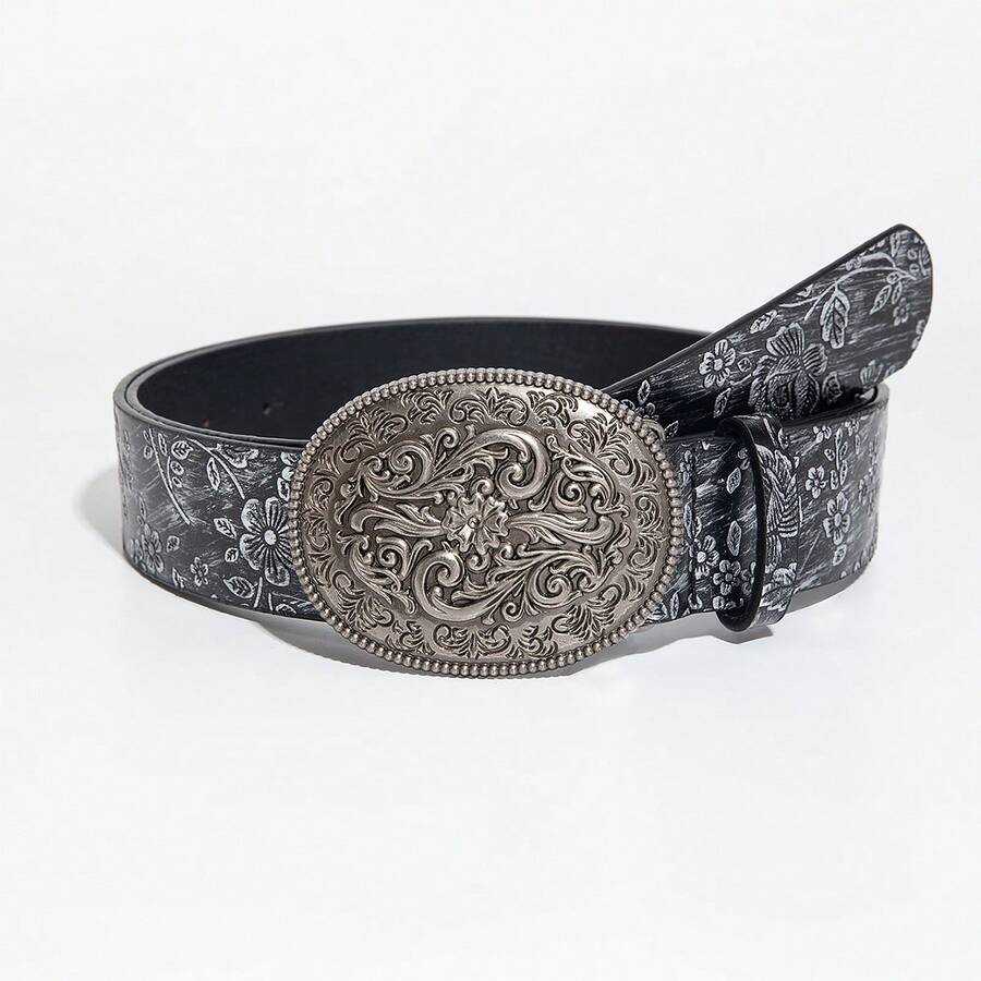 1pc Women's Engraved Metal Buckle Vintage Black & White Distressed Floral Pattern PU Leather Belt, Western Style Suitable For Commuting