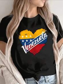Camiseta de mujer 100% algodón con diseño de corazón y bandera de , perfecta para salidas informales en casa, el trabajo o mientras viajas. Es ligero, duradero, ofrece un ajuste cómodo y expresa sentimientos patrióticos. Ropa Casual de Uso Diario - Negro - Ver 1